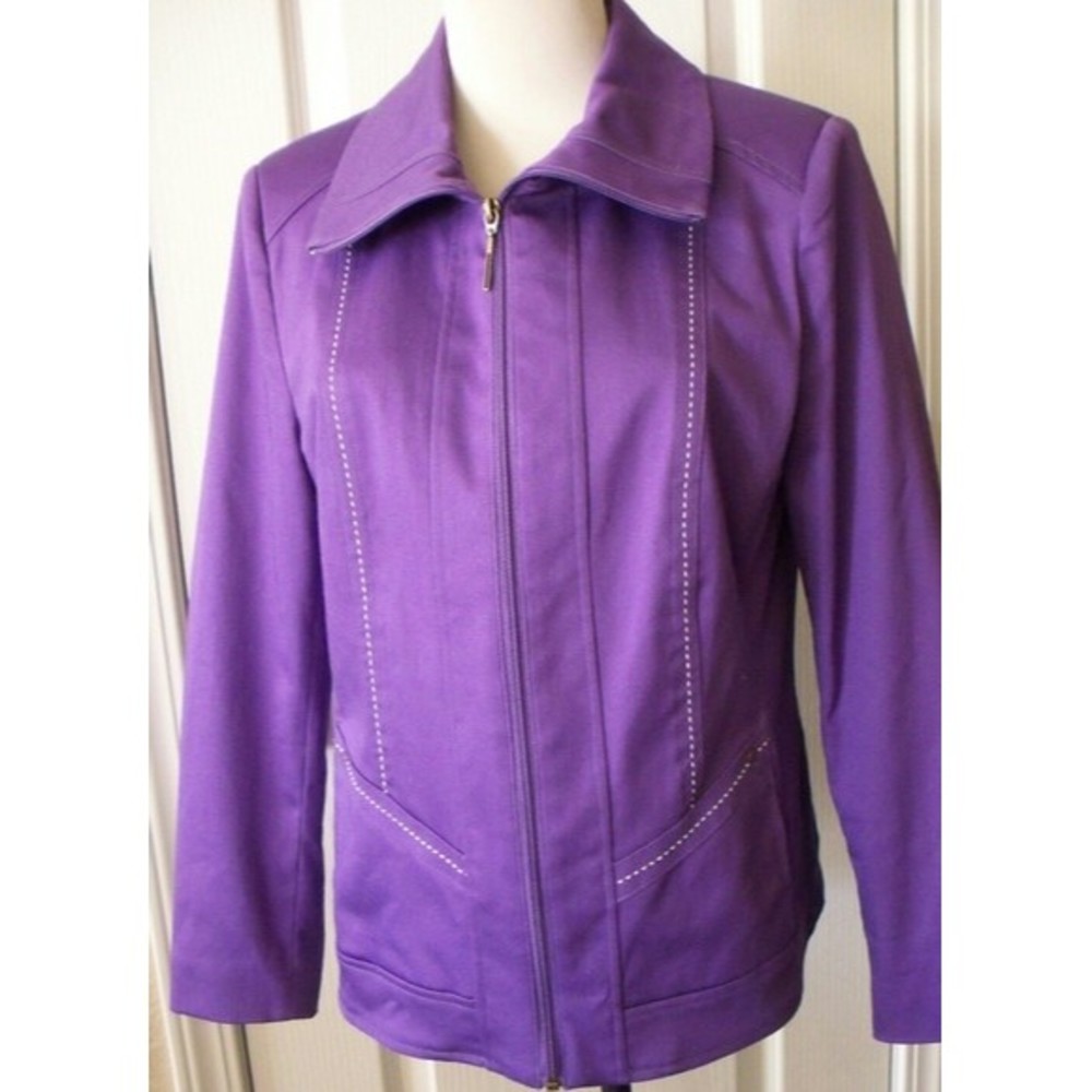 PURPLE BLAZER FRON ZIP WHITE STITCHING FULLY LINED SIZE 8 P WOMENS 8 PETITE
